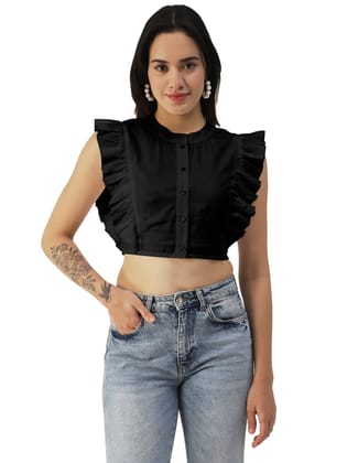 Moomaya Button Down Solid Cotton Crop Top, Frilled Sleeve Tops Summer Clothing