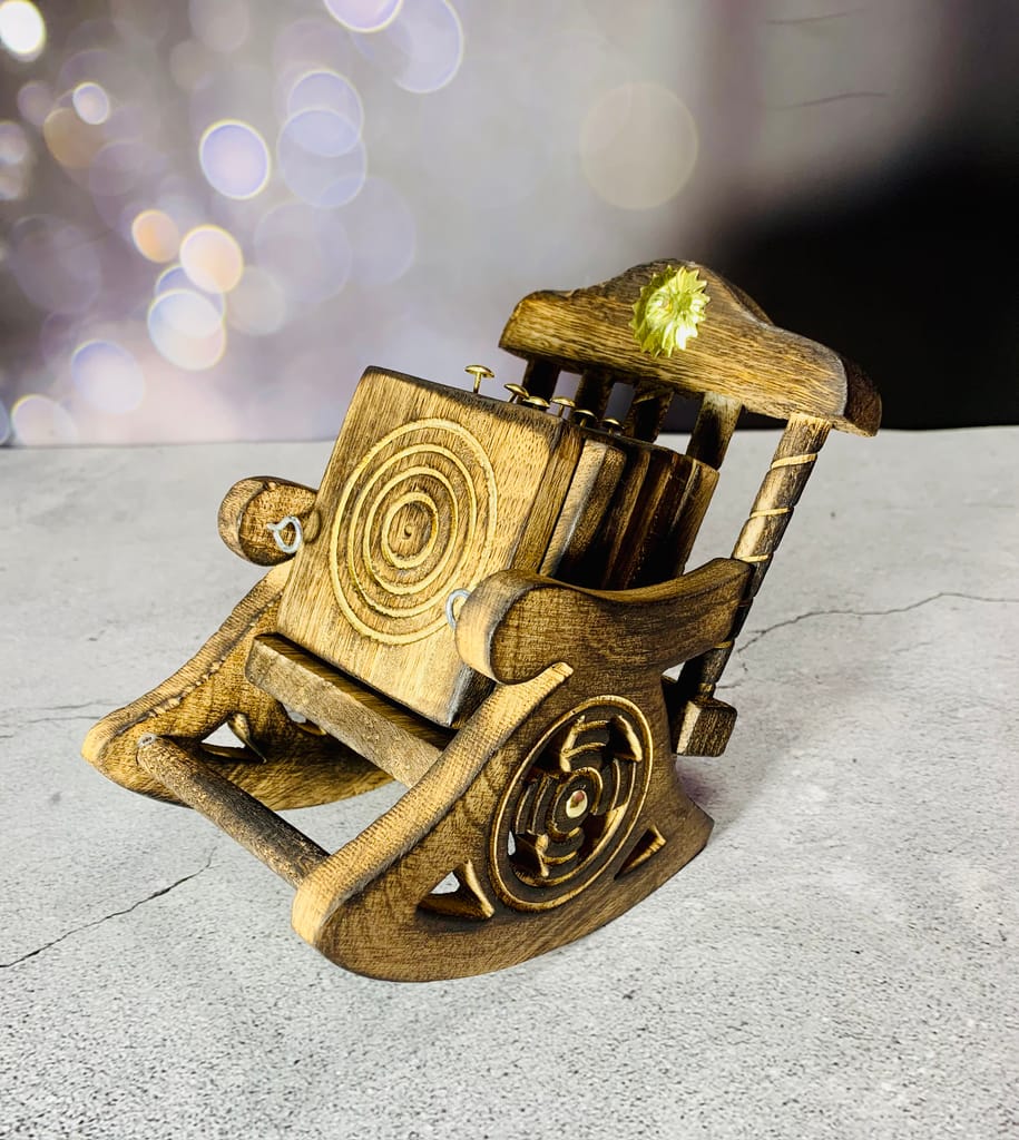 Homefrills Wooden Antique Miniature Chair shape  carved  Coaster Set for Tea Cups Coffee Mugs Beer Cans Bar Tumblers and Water Glasses for Kitchen/Dining Table/Office/Restaurant- Handcarved  Coasters - Set of 6