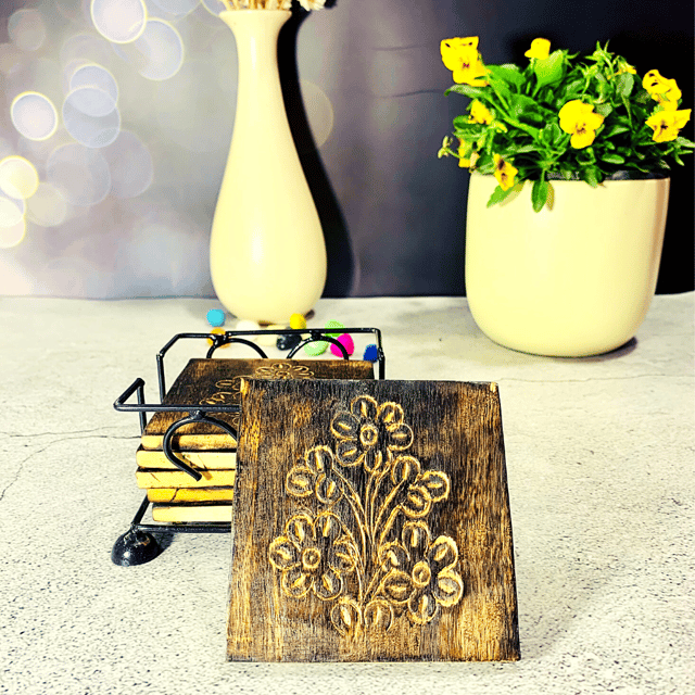 Homefrills Wooden Square carved  Coaster Set for Tea Cups Coffee Mugs Beer Cans Bar Tumblers and Water Glasses with  Iron Holder / Stand for Kitchen/Dining Table/Office/Restaurant- Handcarved  Coasters - Set of 6