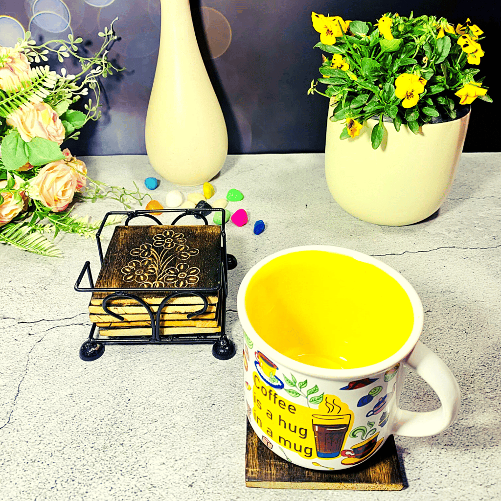 Homefrills Wooden Square carved  Coaster Set for Tea Cups Coffee Mugs Beer Cans Bar Tumblers and Water Glasses with  Iron Holder / Stand for Kitchen/Dining Table/Office/Restaurant- Handcarved  Coasters - Set of 6