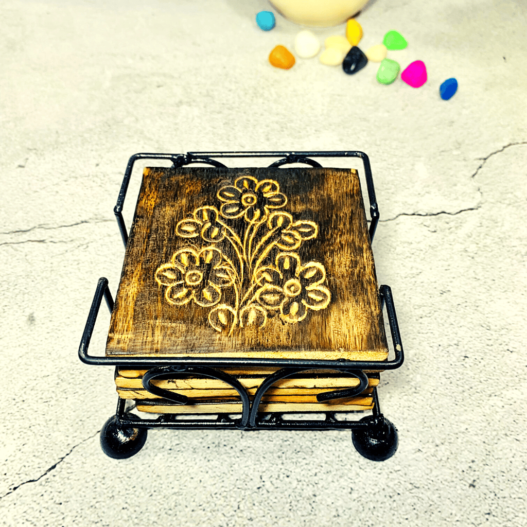 Homefrills Wooden Square carved  Coaster Set for Tea Cups Coffee Mugs Beer Cans Bar Tumblers and Water Glasses with  Iron Holder / Stand for Kitchen/Dining Table/Office/Restaurant- Handcarved  Coasters - Set of 6