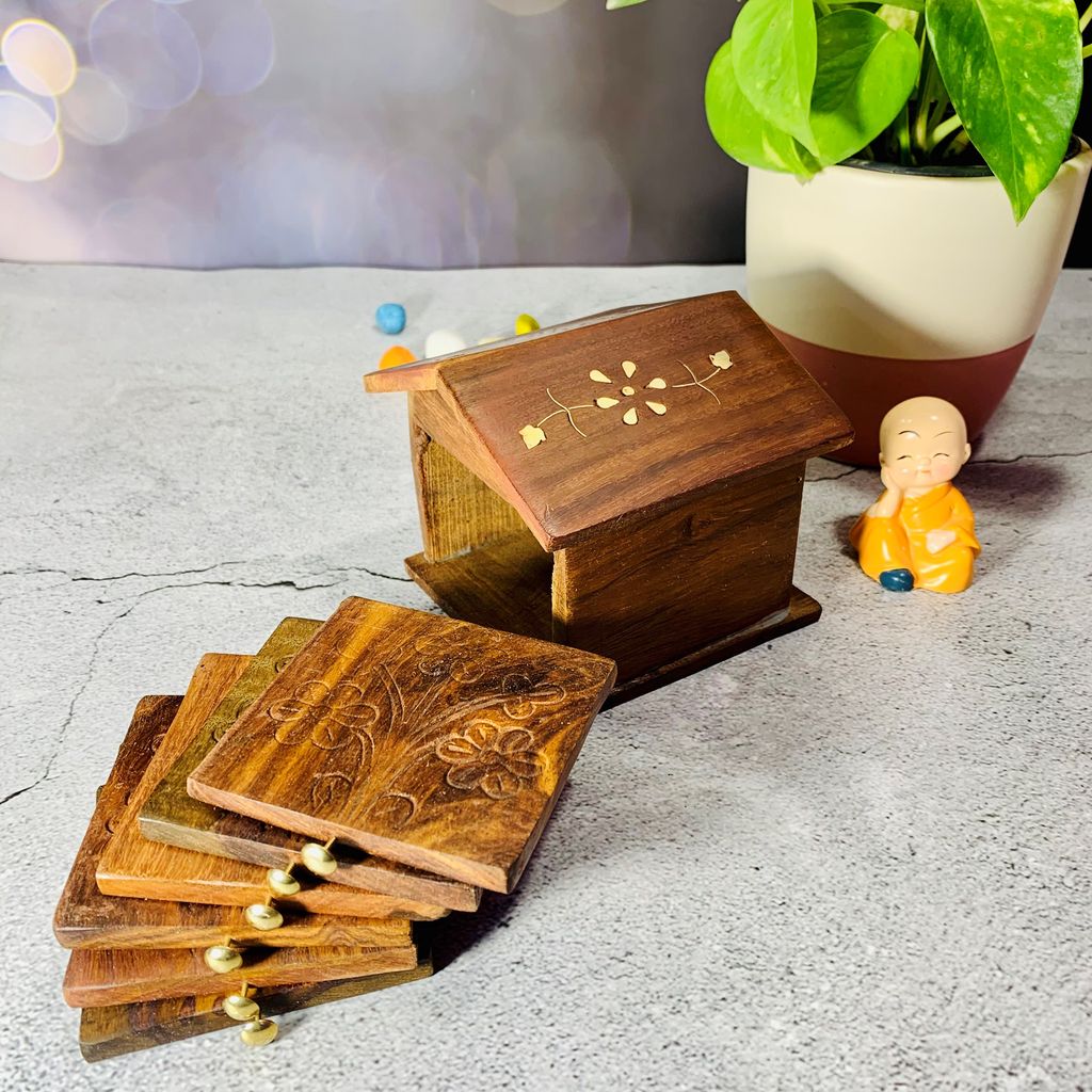 Homefrills Wooden Hut shape Coaster Set for Tea Cups Coffee Mugs Beer Cans Bar Tumblers and Water Glasses for Kitchen/Dining Table/Office/Restaurant  - Handmade Wooden Coasters - Set of 6