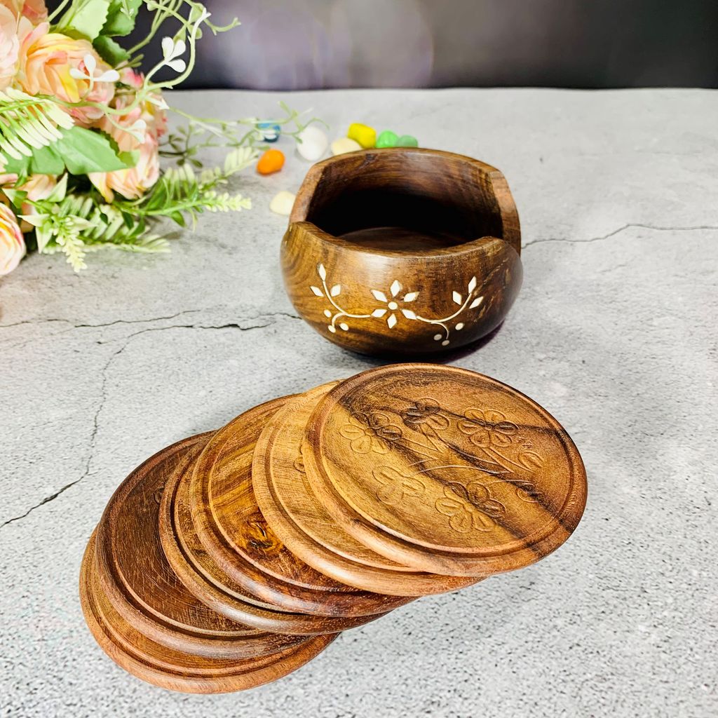 Homefrills Wooden Round shape Coaster Set for Tea Cups Coffee Mugs Beer Cans Bar Tumblers and Water Glasses for Kitchen/Dining Table/Office/Restaurant  - Handmade Wooden Coasters - Set of 6