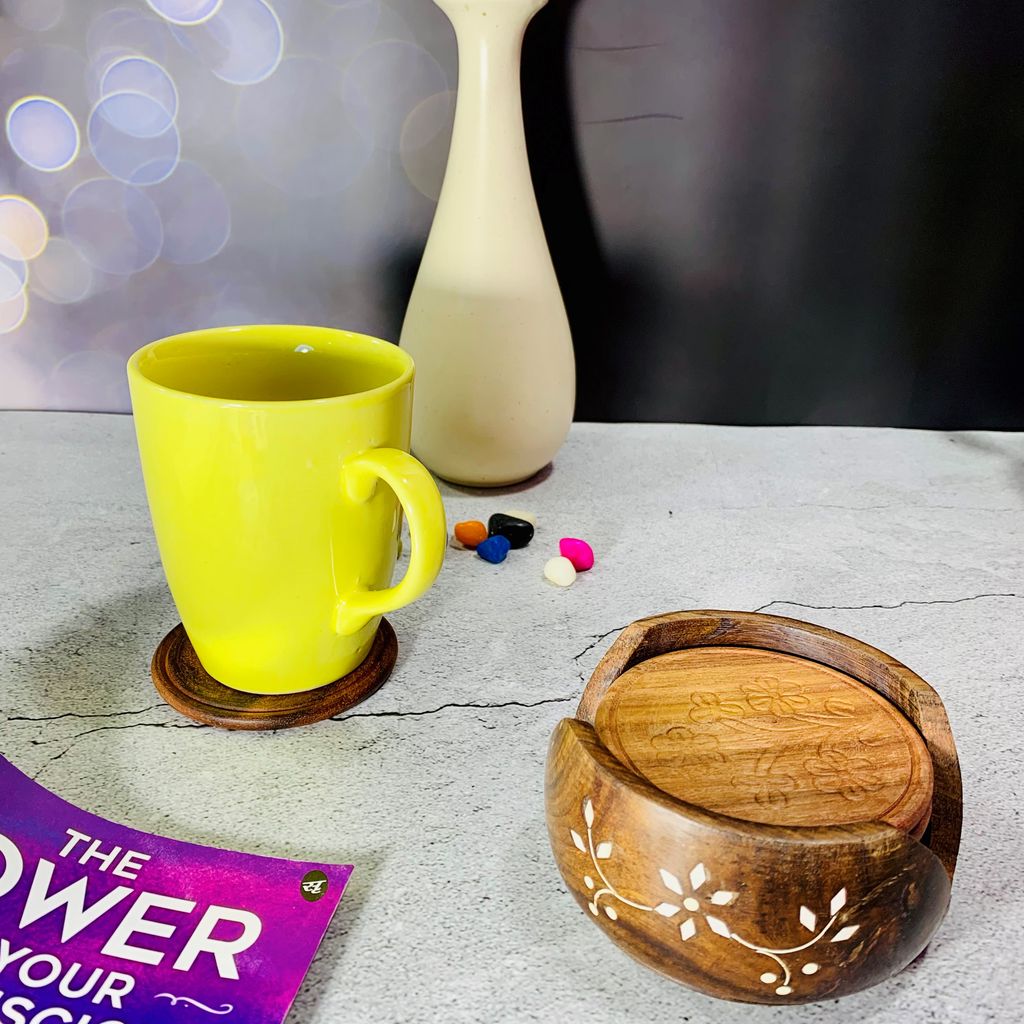 Homefrills Wooden Round shape Coaster Set for Tea Cups Coffee Mugs Beer Cans Bar Tumblers and Water Glasses for Kitchen/Dining Table/Office/Restaurant  - Handmade Wooden Coasters - Set of 6