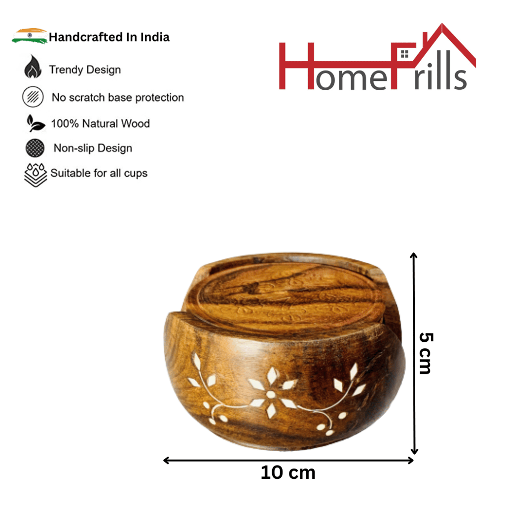 Homefrills Wooden Round shape Coaster Set for Tea Cups Coffee Mugs Beer Cans Bar Tumblers and Water Glasses for Kitchen/Dining Table/Office/Restaurant  - Handmade Wooden Coasters - Set of 6