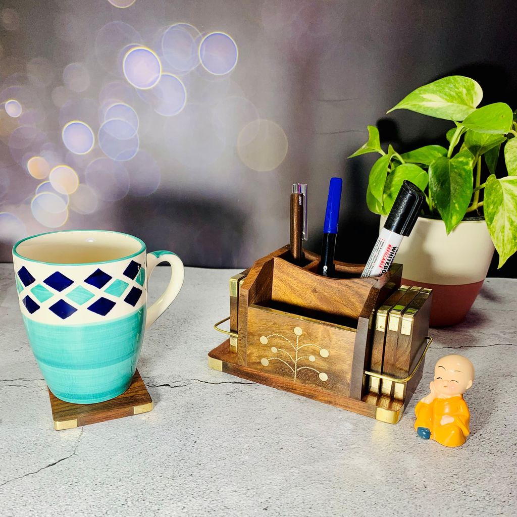 Homefrills Wooden Coaster Set Cum Tissue & Mobile / 6 Piece Coaster Set Cum Spoon Holder /Wooden Coaster for Kitchen/Dining Table/Office/Restaurant -Set of 6