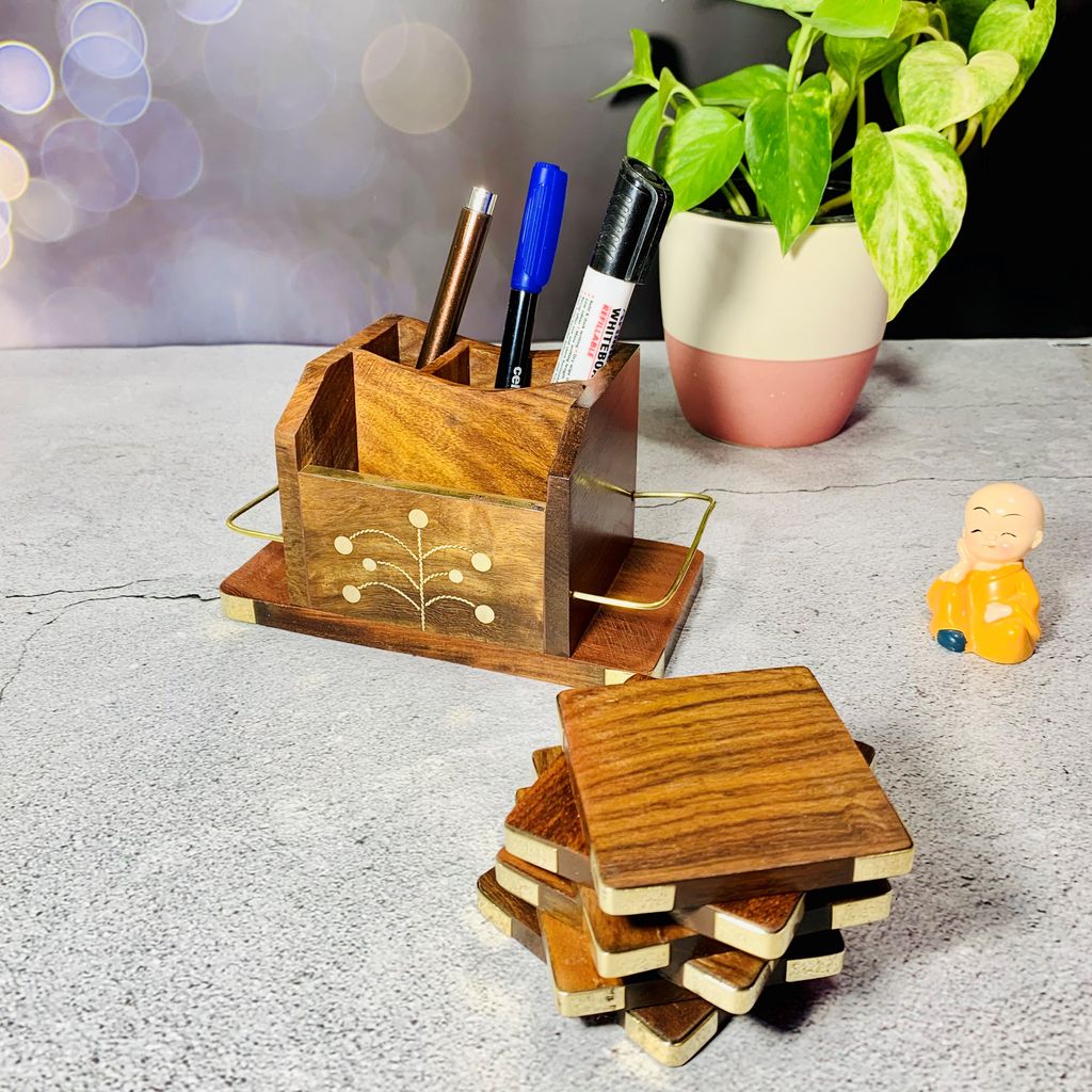 Homefrills Wooden Coaster Set Cum Tissue & Mobile / 6 Piece Coaster Set Cum Spoon Holder /Wooden Coaster for Kitchen/Dining Table/Office/Restaurant -Set of 6