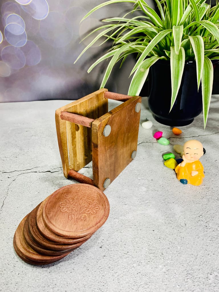 Homefrills Wooden Round shape carved Coaster Set for Tea Cups Coffee Mugs Beer Cans Bar Tumblers and Water Glasses with wooden stand for Kitchen/Dining Table/Office/Restaurant  - Handcarved Wooden Coasters - Set of 6