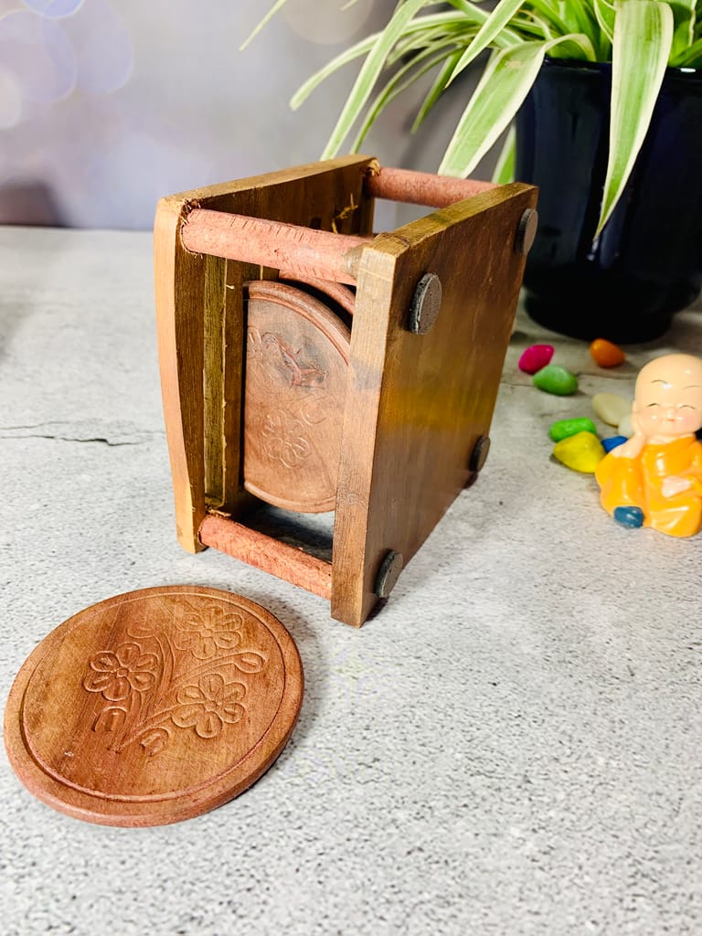 Homefrills Wooden Round shape carved Coaster Set for Tea Cups Coffee Mugs Beer Cans Bar Tumblers and Water Glasses with wooden stand for Kitchen/Dining Table/Office/Restaurant  - Handcarved Wooden Coasters - Set of 6