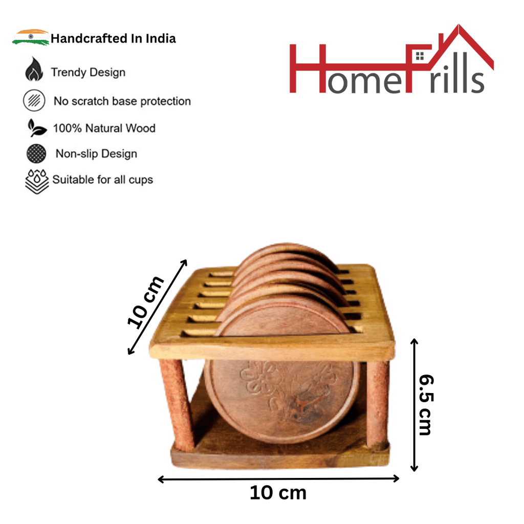 Homefrills Wooden Round shape carved Coaster Set for Tea Cups Coffee Mugs Beer Cans Bar Tumblers and Water Glasses with wooden stand for Kitchen/Dining Table/Office/Restaurant  - Handcarved Wooden Coasters - Set of 6