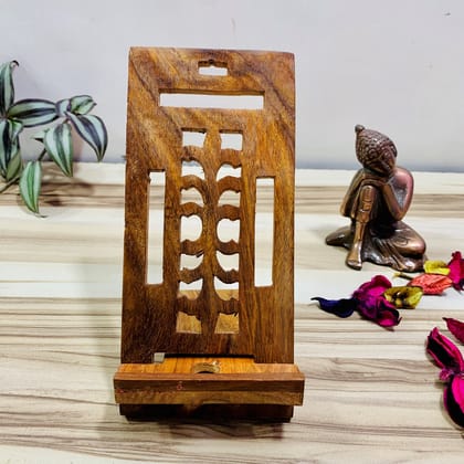 Homefrills Beautiful Handicraft Rectangular Wooden Mobile Stand Holder for Table for Home, Office Decoration -Can Hold Any Size Mobile-Size-18*8.5 cm