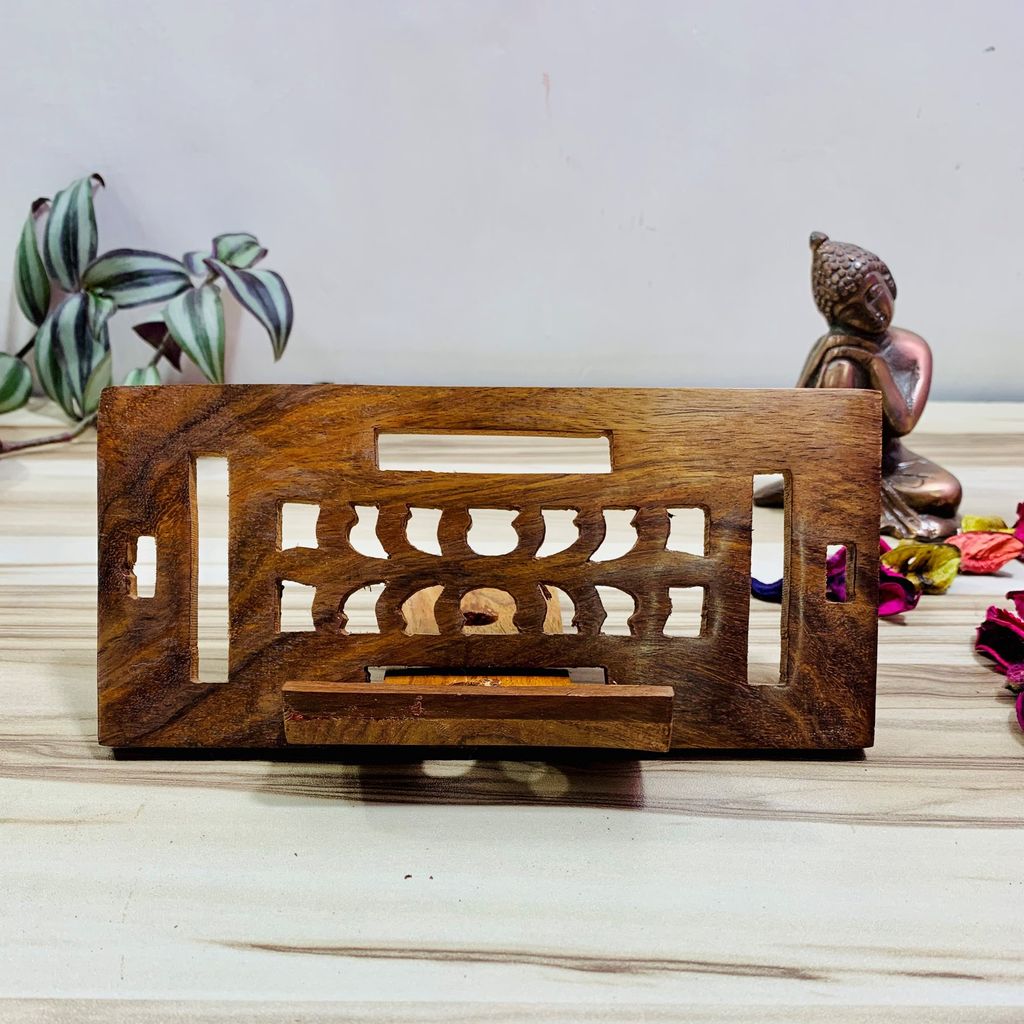Homefrills Beautiful Handicraft Rectangular Wooden Mobile Stand Holder for Table for Home, Office Decoration -Can Hold Any Size Mobile-Size-18*8.5 cm