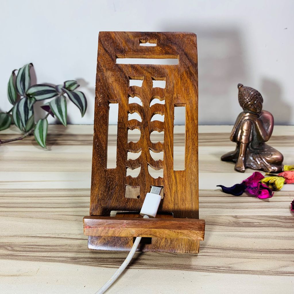 Homefrills Beautiful Handicraft Rectangular Wooden Mobile Stand Holder for Table for Home, Office Decoration -Can Hold Any Size Mobile-Size-18*8.5 cm