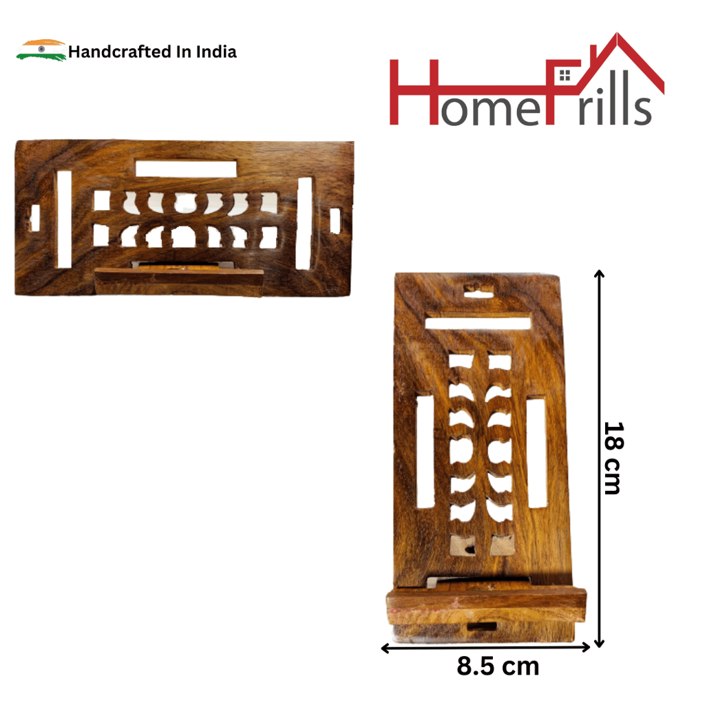 Homefrills Beautiful Handicraft Rectangular Wooden Mobile Stand Holder for Table for Home, Office Decoration -Can Hold Any Size Mobile-Size-18*8.5 cm