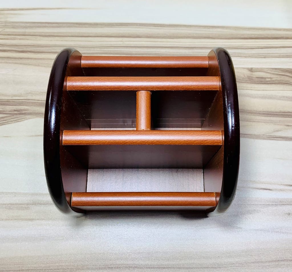 Homefrills Beautiful 360 Degree Rotating Multi-Utility Wooden Remote Control Stand Holder Cum Mobile Stand Holder Pen Pencil Stand Desk Organizer Engineered Wood Colour- Brown