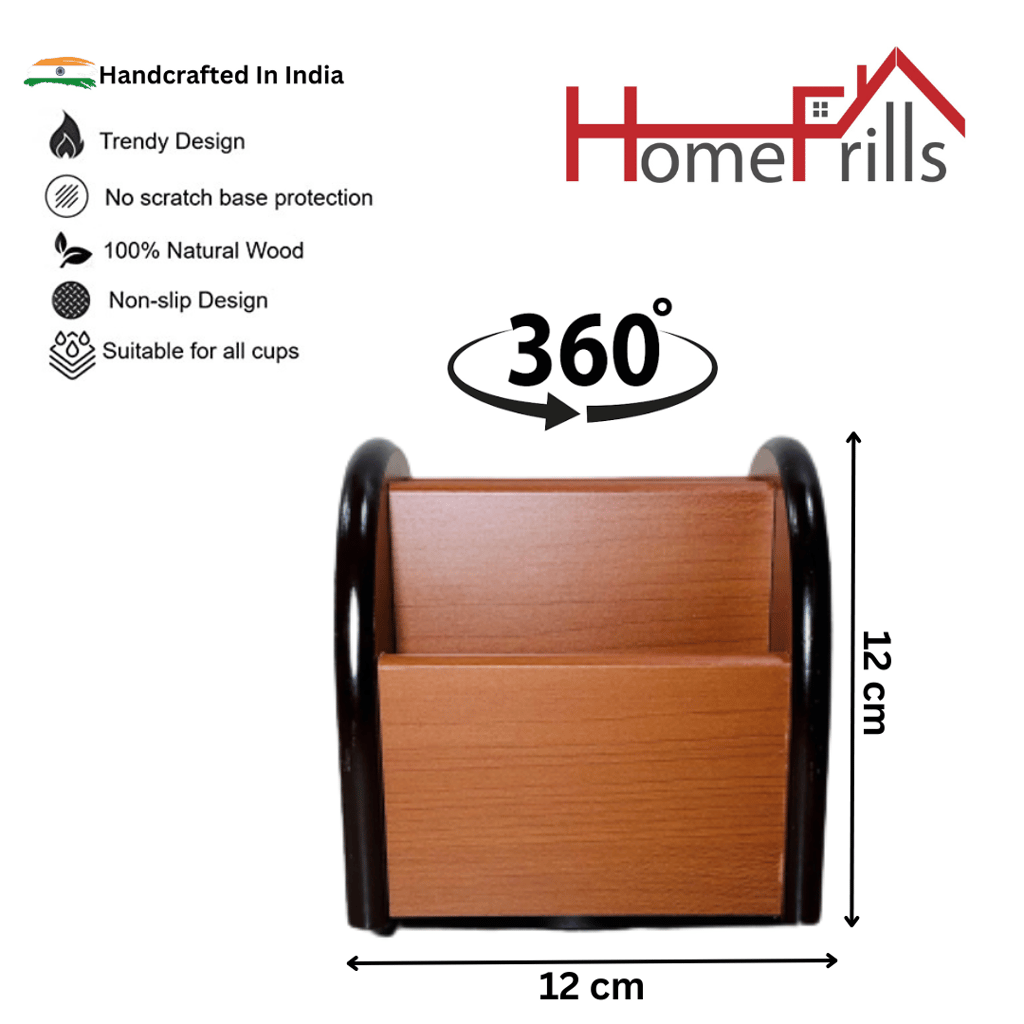 Homefrills Beautiful 360 Degree Rotating Multi-Utility Wooden Remote Control Stand Holder Cum Mobile Stand Holder Pen Pencil Stand Desk Organizer Engineered Wood Colour- Brown