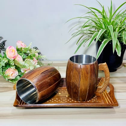 Homefrills Stylish sheesham wood tea/Milk/beer/ coffee mug set with Steel Glass Inner with carved design tray for Dining Table Home Decor office Gift (2 mug with Tray,capacity-250 ml) colour-Brown