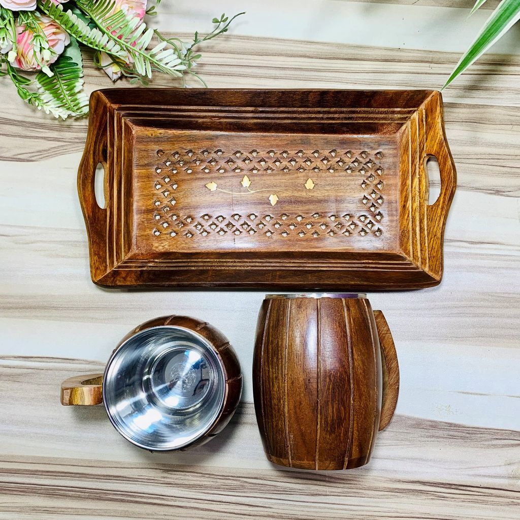 Homefrills Stylish sheesham wood tea/Milk/beer/ coffee mug set with Steel Glass Inner with carved design tray for Dining Table Home Decor office Gift (2 mug with Tray,capacity-250 ml) colour-Brown