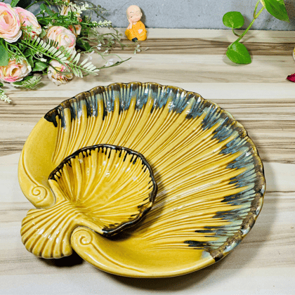 Homefrills Premium Seashell Design Yellow Serving Ceramic Platter/Plate With section,Chip n Dip Platter/plate/Tray for Momos, Fries, Kebabs and Snacks etc Microwave Safe. (Set of 1)