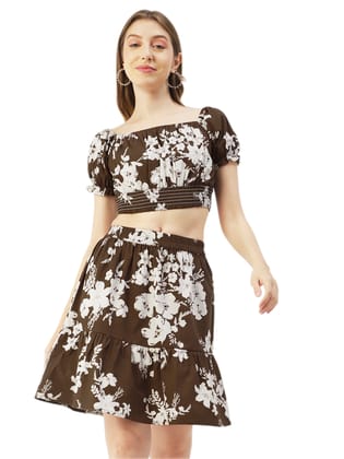 Moomaya Printed Summer 2 Pcs Set For Women, Off-Shoulder Crop Top - Mini Skirt Coord Set