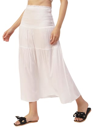 Moomaya Women Solid Viscose Rayon Casual Skirt, High Waist Smocked Midi Skirt