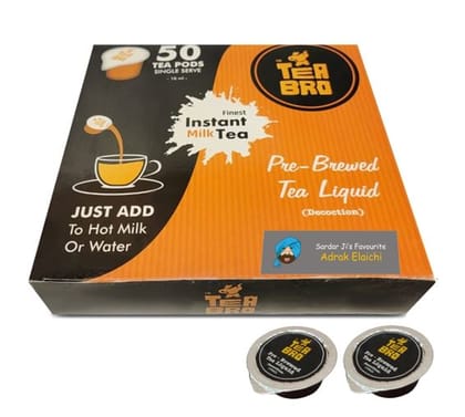 Instant Tea Pods (Adrak Elaichi Flavour) | 50 Single Serve Pods | Pre-Brewed Tea Liquid Decoction (Concentrate) | Just Add Hot Water OR Milk | Capsules, Cups, Tubs