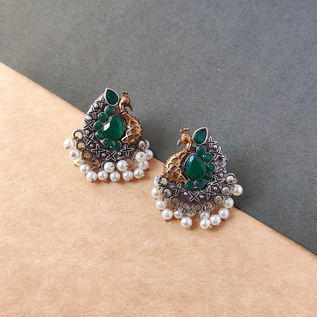 Oxidized Dual Toned Peacock Stud Earring For Women And Girl - Earrings | Buy online on ZillyBuy