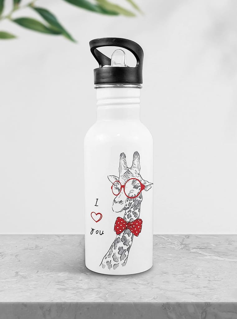 Weshopaholic Stainless Steel Printed Bottle | Wide Mouth Sports Bottle Printed | Leak Proof, Straw Cap | Lightweight Sipper Bottle for Kids – 600 ml (Giraffe)