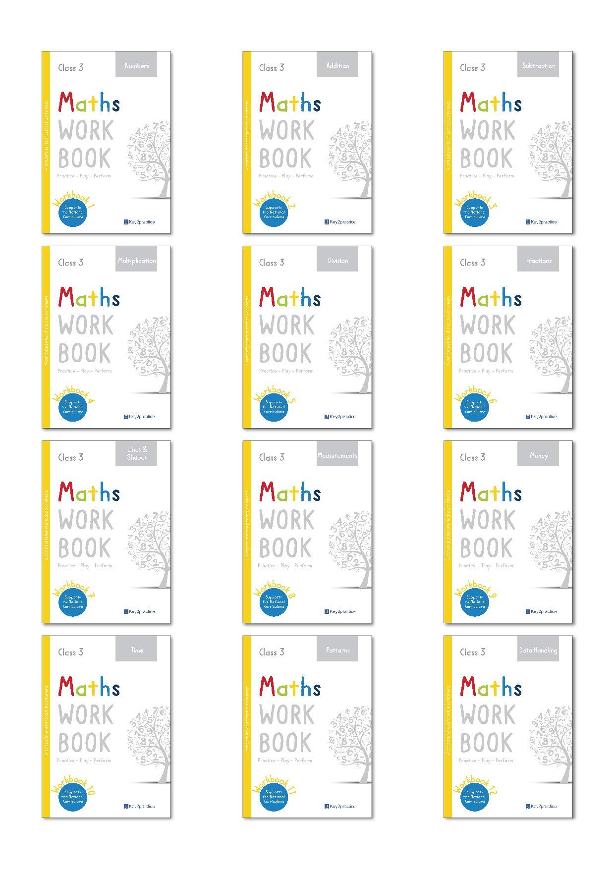 Key2practice Class 3 Maths Set of 12 workbooks (Numbers, Addition, Subtraction, Multiplication, Division, Fractions, Lines & Shapes, Measurements, Money, Time, Patterns, Data Handling)