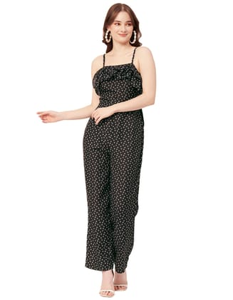 Moomaya Printed Frilled Jumpsuit, Poly Rayon Adjustable Spaghetti Strap Casual Romper