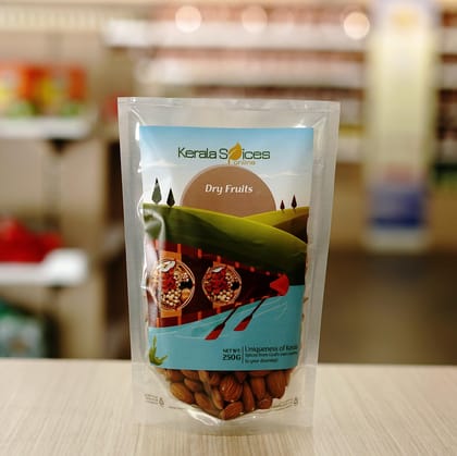 Keralaspicesonline Premium Whole Dried California Almonds, Badam Giri Dry Fruits, High in Fiber & Boost Immunity (Pouch Packaging)-250 Grams