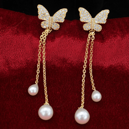 Butterfly earrings gold plated | pearl earrings for women and girls | gold chain link earring
