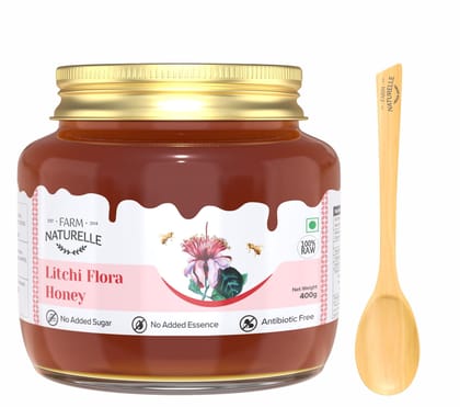 Farm Naturelle - Litchi Flower Forest (Jungle) Honey / 100% Pure / Raw / Natural / Un-Processed / Un-Heated / Lab Tested / Glass Bottle (Litchi Honey, 400GM) And a Wooden Spoon.�
