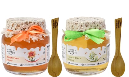 Farm Naturelle- Raw Natural Unheated Unprocessed Forest / Jungle Flower Honey & Acacia Forest Flower Honey Combo-(400gm x 2+Wooden Spoons.) x 2 Sets.
