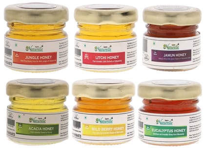 Farm Naturelle-Pack of 6x40Gms Forest Flower Honey/Jungle Honey, Jamun Honey, Acacia Honey, Litchi Honey, Wild Berry/Sidr Honey, Eucalyptus Honey