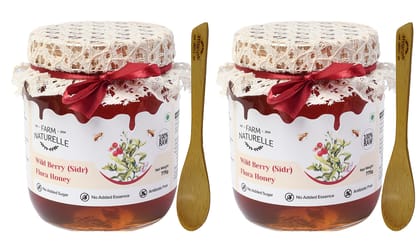 Farm Naturelle-Wild Berry-Sidr-Flower Wild Forest (Jungle) Honey/100% Pure/Raw/Natural/Unprocessed/Unheated/Lab Tested/Glass Bottle-(700gm+75gm Extra+Wooden Spoons.) x 2 Sets.