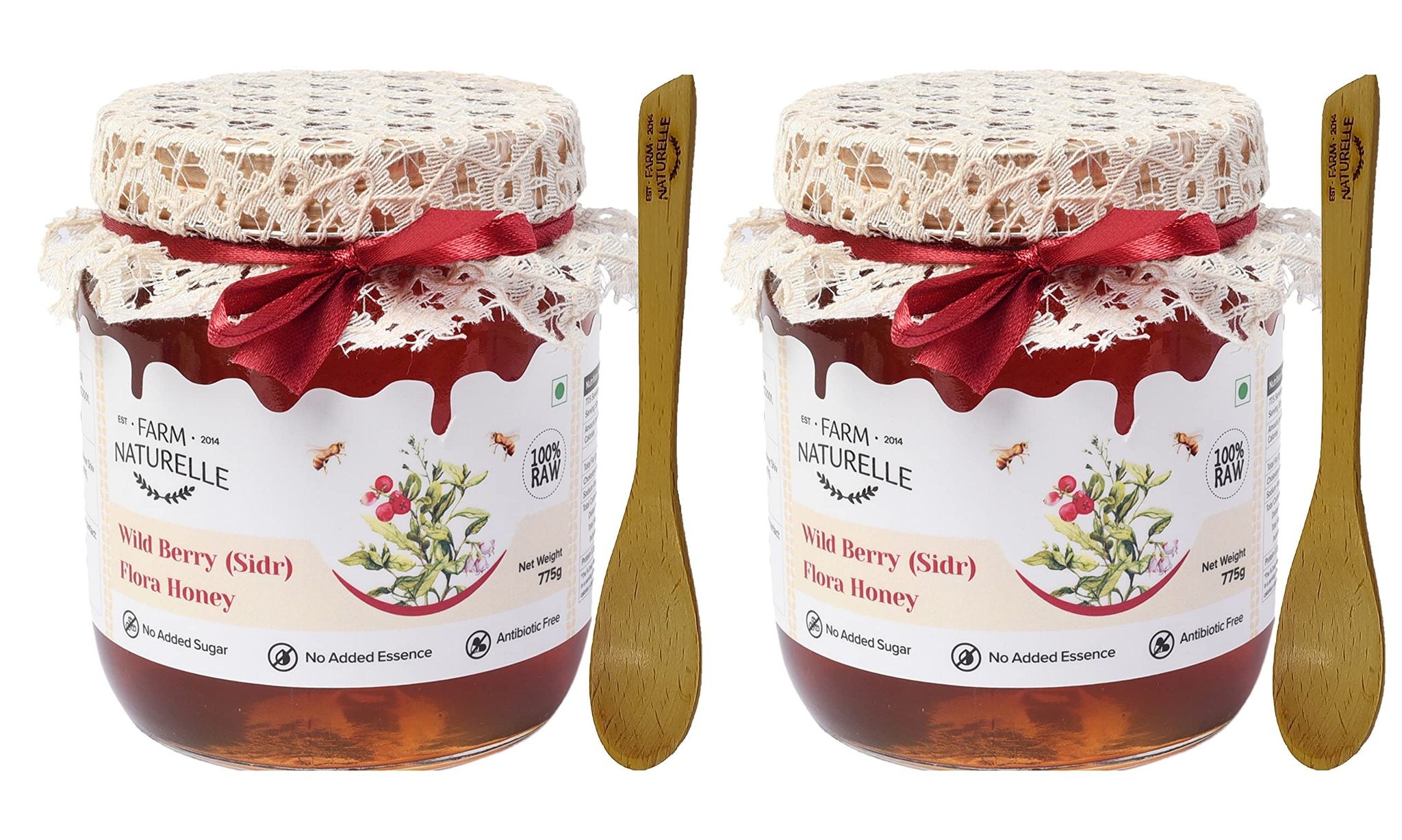 Farm Naturelle-Wild Berry-Sidr-Flower Wild Forest (Jungle) Honey/100% Pure/Raw/Natural/Unprocessed/Unheated/Lab Tested/Glass Bottle-(700gm+75gm Extra+Wooden Spoons.) x 2 Sets.