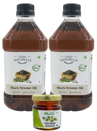 Farm Naturelle The Finest Cold Pressed Virgin Organic Sesame Oil from Black Sesame Seeds,1 LTR (Pack of 2) with Free Raw Forest Honey