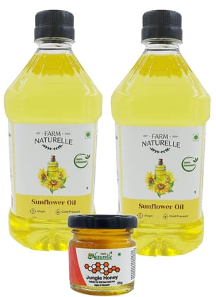 Farm Naturelle Organic Virgin Cold Pressed Golden Sunflower Cooking Oil,1Ltr(Pack of 2) with Free Lichi Raw Honey 55gm