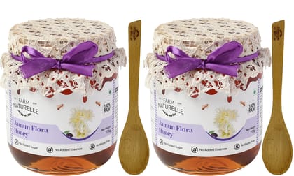 Farm Naturelle-Jamun Flower Wild Forest (Jungle) Honey/100% Pure/Raw/Natural/Un-Processed/Un-Heated/Lab Tested/Glass Bottle-(700gm+75gm Extra+Wooden Spoons.) x 2 Sets.