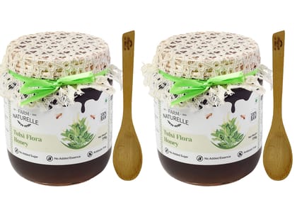 Farm Naturelle--Vana Tulsi Flower Wild Forest (Jungle) Honey/100% Pure/Raw/Natural/Un-Processed/Un-Heated/Lab Tested/Glass Bottle-(700gm+75gm Extra+Wooden Spoons.) x 2 Sets.