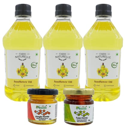 Farm Naturelle Organic Virgin Cold Pressed Golden Sunflower Cooking Oil, 1Ltr (Pack of 3) with Free Honey, 55g (Pack of 2)