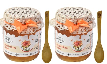 Farm Naturelle-Jungle Flower Wild Forest (Jungle) Honey/100% Pure/Raw/Natural/Un-Processed/Un-Heated/Lab Tested/Glass Bottle-(700gm+75gm Extra + Wooden Spoon.) x 2 Sets.