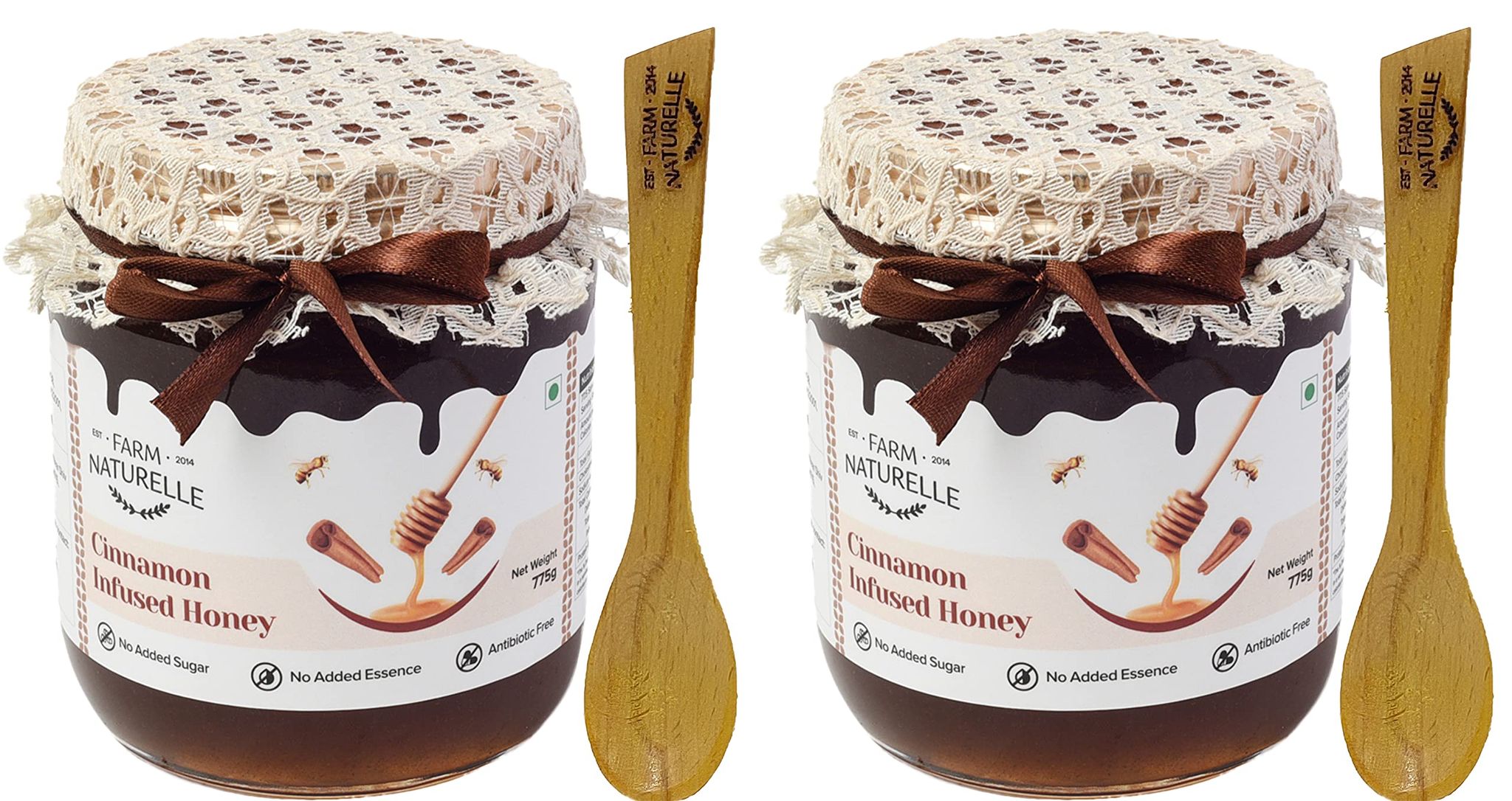Farm Naturelle-Cinnamon Flower Wild Forest Honey | 775gm X 2 | and a Wooden Spoon100% Pure & Natural Ingredients Made Delicious Honey | No Artificial Color | No Added Sugar | Lab Tested Cinnamon Honey In Glass Bottle.