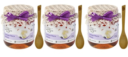 Farm Naturelle-Jamun Flower Wild Forest (Jungle) Honey/100% Pure/Raw/Natural/Un-Processed/Un-Heated/Lab Tested/Glass Bottle-(700gm+75gm Extra+Wooden Spoons.) x 3 Sets.