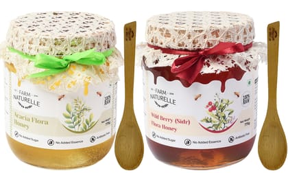 Farm Naturelle Pure Raw Natural Unprocessed Acacia Forest Honey and Wild Berry Forest Honey (Sidr Honey)-(700gm+75gm Extra+Wooden Spoons.) x 2 Sets.