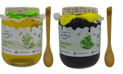 Farm Naturelle Pure Raw Natural Unprocessed Acacia Forest Honey and Tulsi Forest Honey-(850gm+150gm Extra+Wooden Spoons.) x 2 Sets.