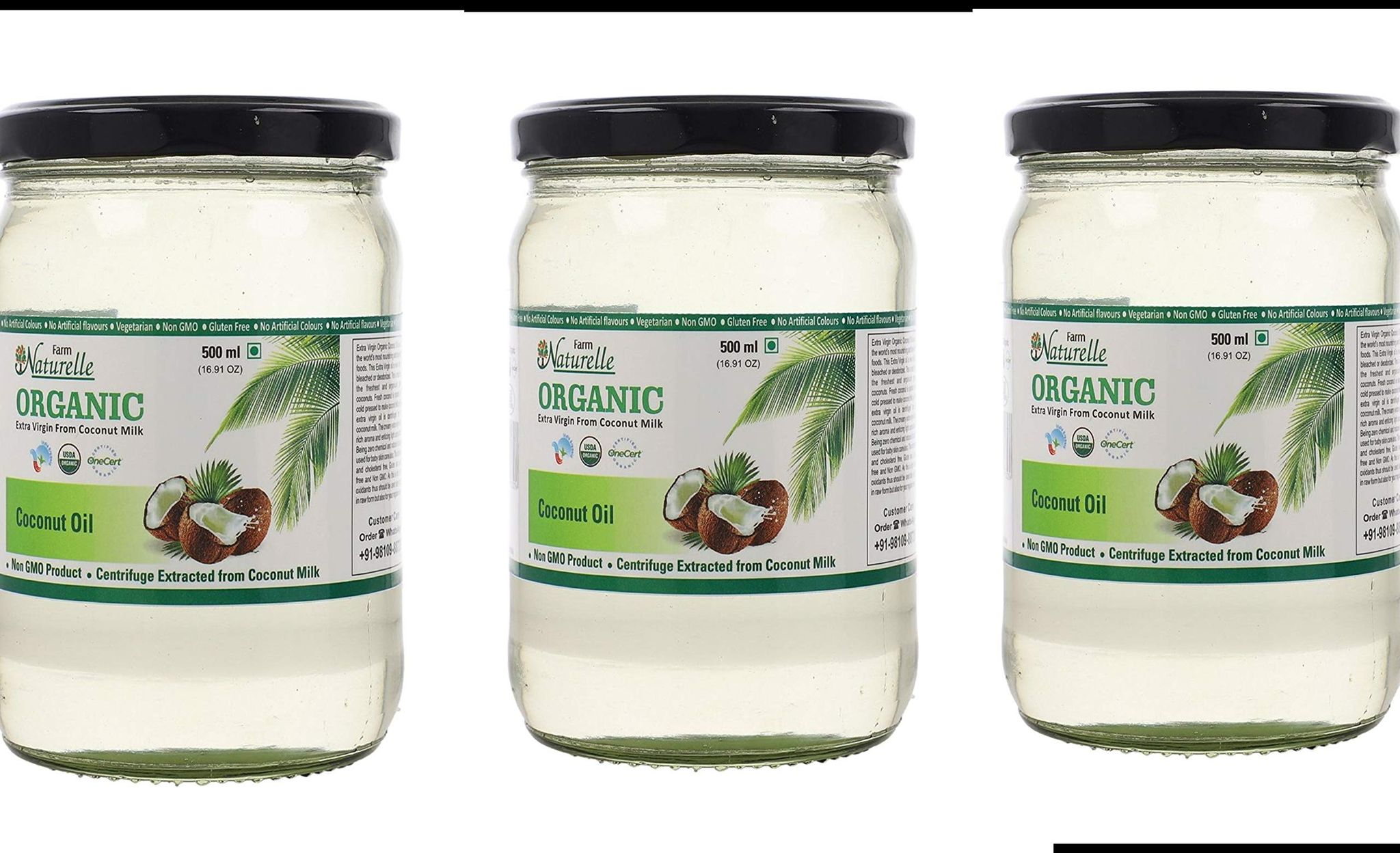 Farm Naturelle -100 % Pure Organic Extra-Virgin Cold Pressed Coconut Oil (Glass Bottle - 500 mlx 3)