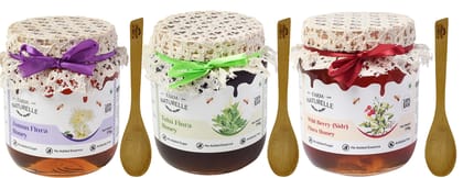 Farm Naturelle Pure Raw Natural Unprocessed Tulsi Forest Honey, Wild Berry Forest Honey (Sidr Honey) and Jamun Honey-(700gm+75gm Extra+Wooden Spoons.) x 3 Sets.