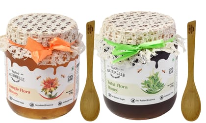Farm Naturelle-Raw Natural Ayurvedic Unprocessed Tulsi Forest Flower Honey with Huge Medicinal Value and Wild Forest (Jungle) Honey Combo,(700Gms+75gm Extra+Wooden Spoons.) x 2 Sets.